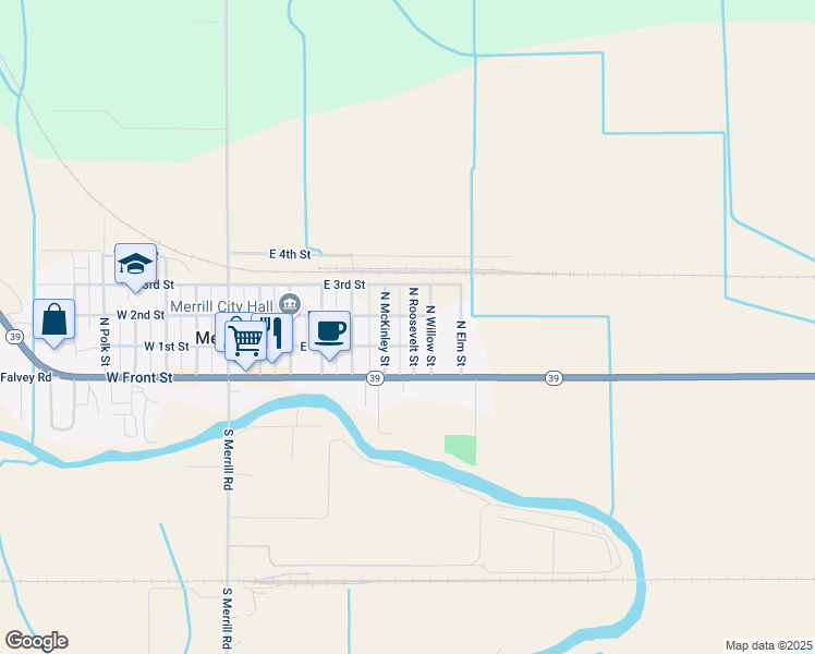 map of restaurants, bars, coffee shops, grocery stores, and more near 222 North Roosevelt Street in Merrill