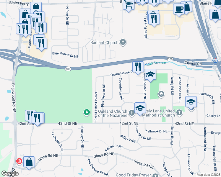 map of restaurants, bars, coffee shops, grocery stores, and more near 4609 Sugar Pine Drive Northeast in Cedar Rapids
