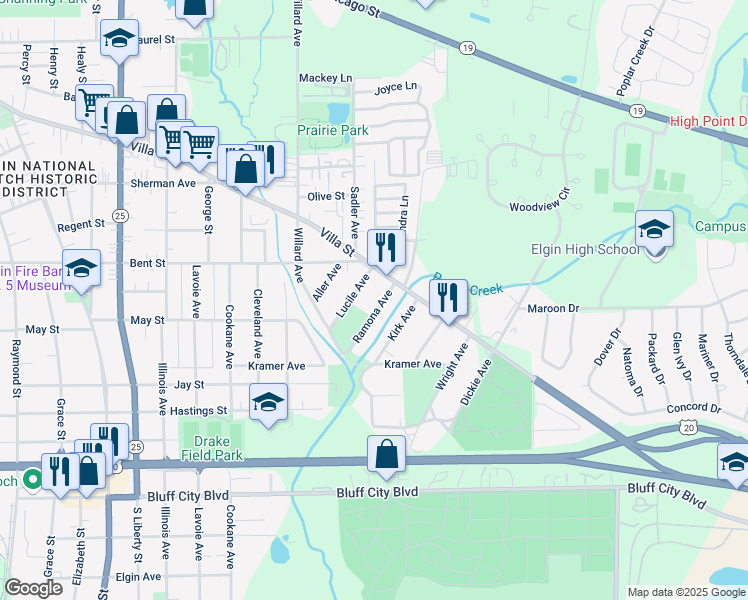 map of restaurants, bars, coffee shops, grocery stores, and more near 572 Ramona Avenue in Elgin