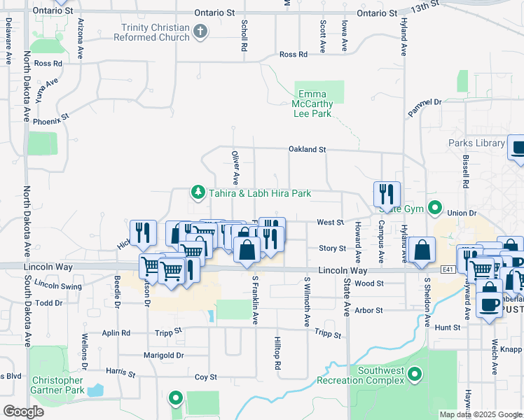 map of restaurants, bars, coffee shops, grocery stores, and more near 316 N Franklin Ave in Ames