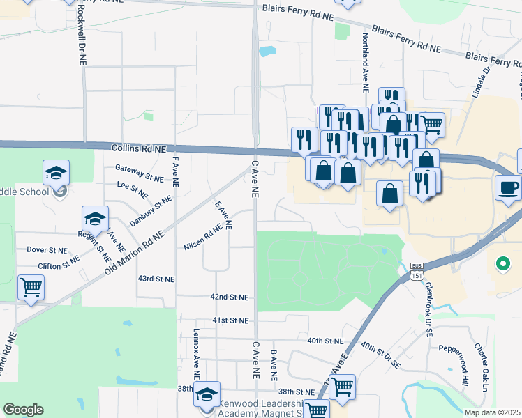 map of restaurants, bars, coffee shops, grocery stores, and more near 4451 C Avenue Northeast in Cedar Rapids