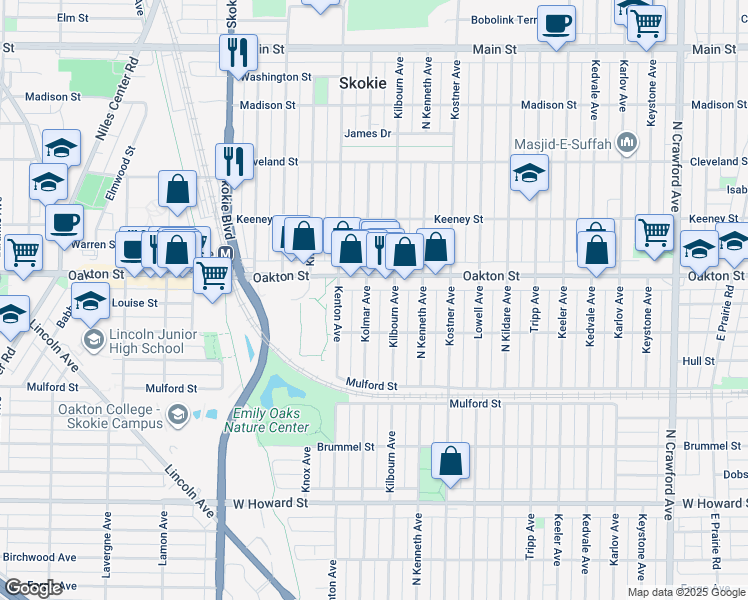 map of restaurants, bars, coffee shops, grocery stores, and more near 7935 Kolmar Ave in Skokie