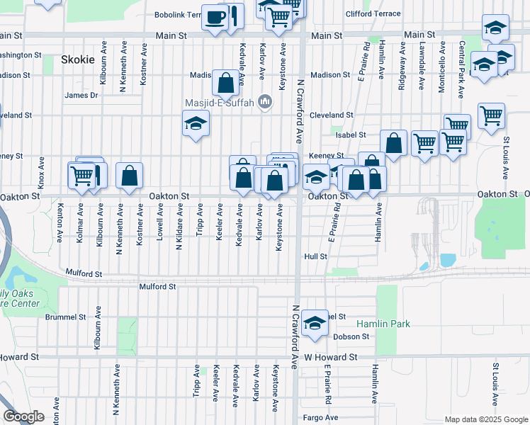 map of restaurants, bars, coffee shops, grocery stores, and more near 7935 Karlov Avenue in Skokie