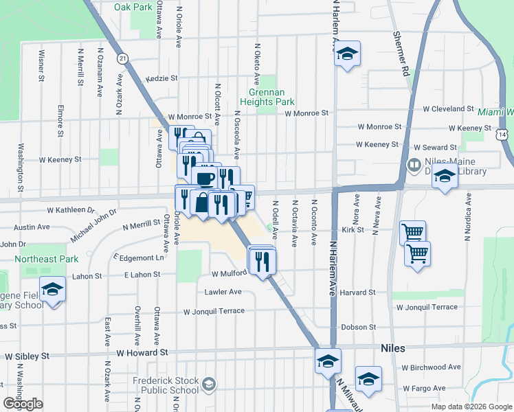 map of restaurants, bars, coffee shops, grocery stores, and more near 7943 North Oketo Avenue in Niles