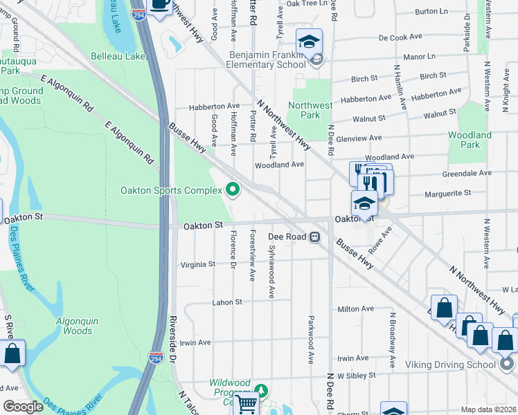 map of restaurants, bars, coffee shops, grocery stores, and more near 2610 Oakton Street in Park Ridge