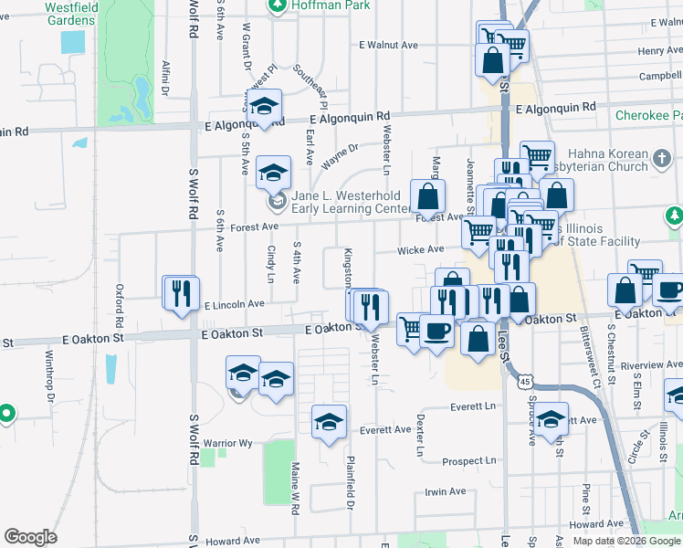 map of restaurants, bars, coffee shops, grocery stores, and more near 1497 Kingston Court in Des Plaines