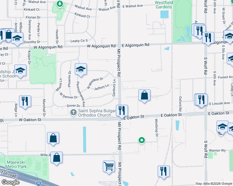 map of restaurants, bars, coffee shops, grocery stores, and more near 1443 Danbury Lane in Des Plaines