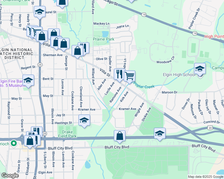 map of restaurants, bars, coffee shops, grocery stores, and more near 572 Ramona Avenue in Elgin