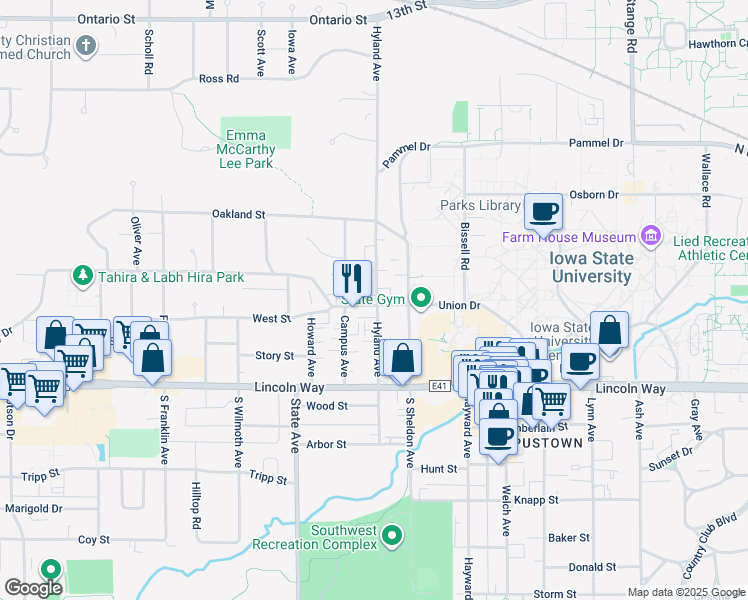 map of restaurants, bars, coffee shops, grocery stores, and more near 2721 West Street in Ames