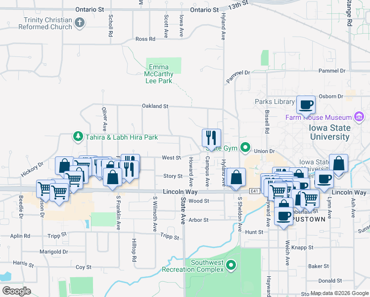map of restaurants, bars, coffee shops, grocery stores, and more near 2921 Woodland Street in Ames