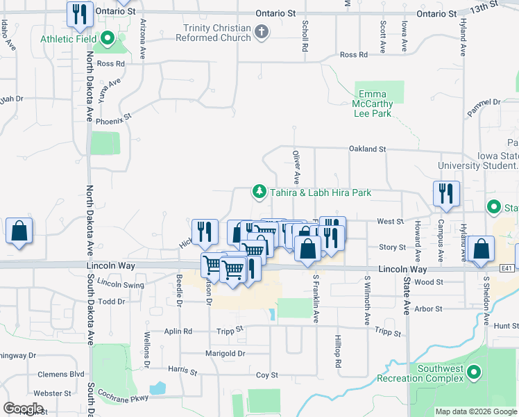 map of restaurants, bars, coffee shops, grocery stores, and more near 3622 Woodland Street in Ames