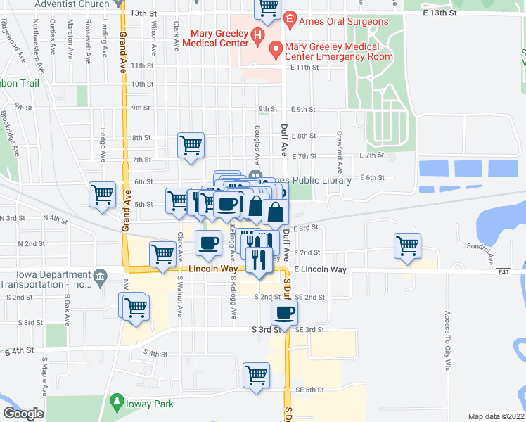 map of restaurants, bars, coffee shops, grocery stores, and more near 408 Douglas Avenue in Ames