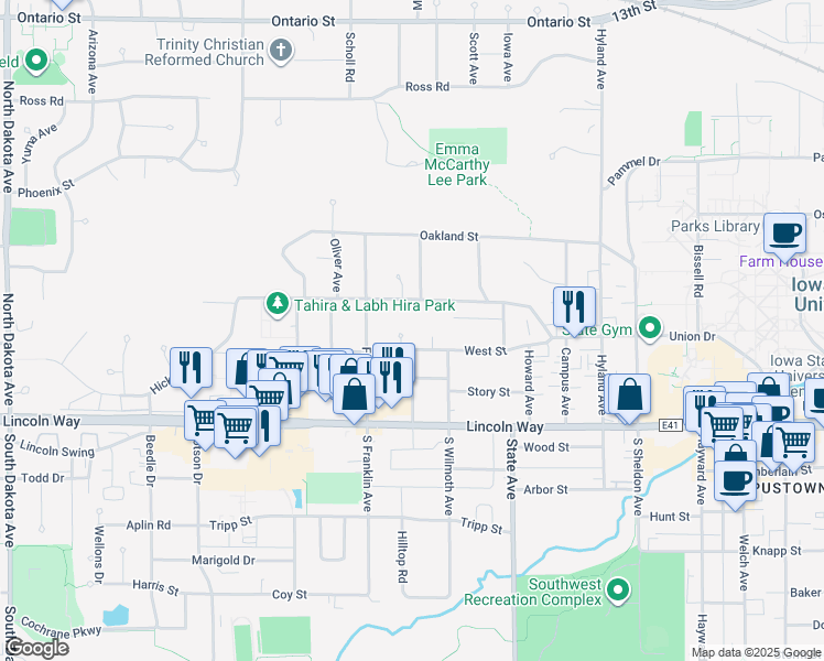 map of restaurants, bars, coffee shops, grocery stores, and more near 306 Colorado Circle in Ames