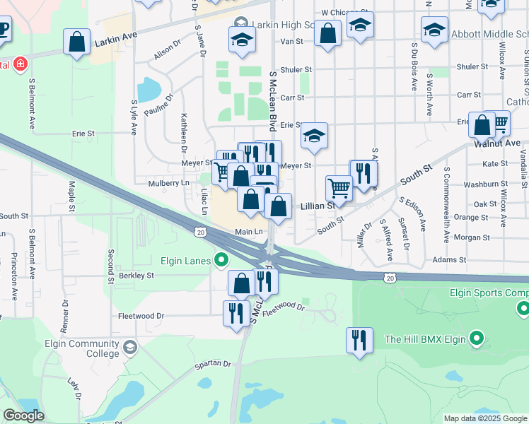 map of restaurants, bars, coffee shops, grocery stores, and more near 310 South McLean Boulevard in Elgin