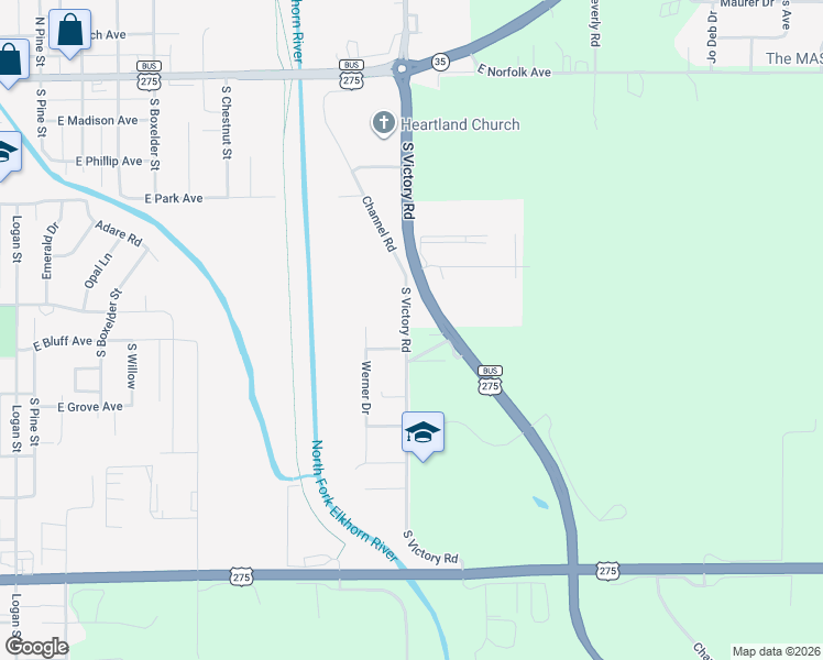map of restaurants, bars, coffee shops, grocery stores, and more near 768-798 S Victory Rd in Norfolk