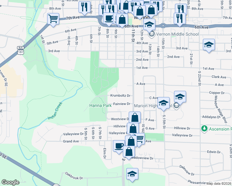 map of restaurants, bars, coffee shops, grocery stores, and more near 920 Krumboltz Drive in Marion