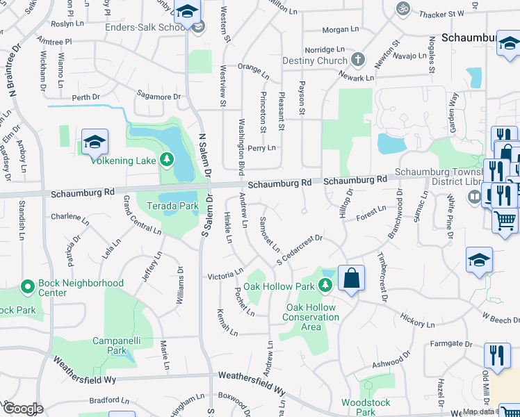 map of restaurants, bars, coffee shops, grocery stores, and more near 629 Tilipi Ln in Schaumburg