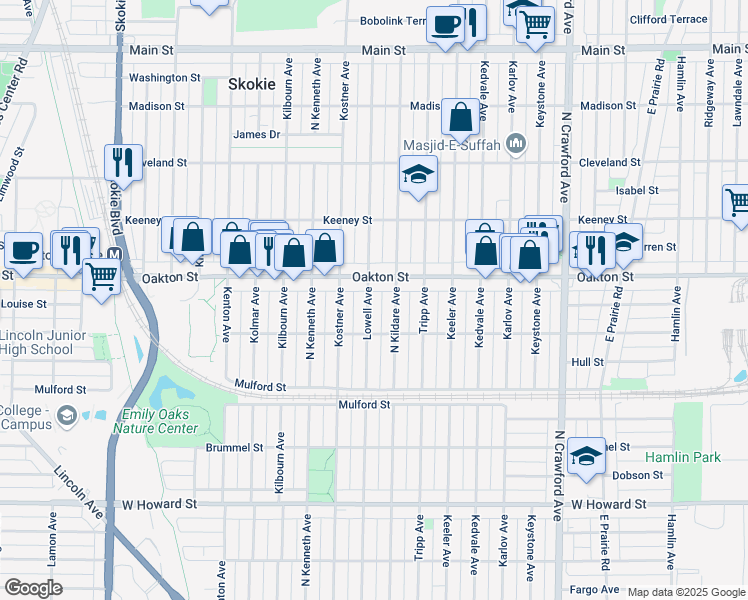 map of restaurants, bars, coffee shops, grocery stores, and more near 7937 Lowell Avenue in Skokie