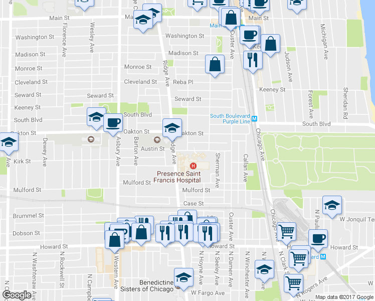 map of restaurants, bars, coffee shops, grocery stores, and more near Elmwood Ave & Austin St in Evanston