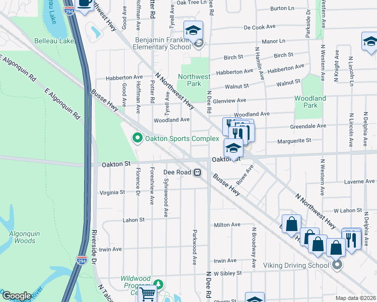 map of restaurants, bars, coffee shops, grocery stores, and more near 1012 Parkwood Avenue in Park Ridge