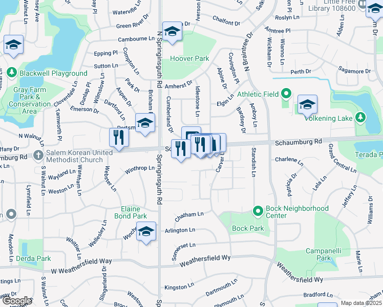 map of restaurants, bars, coffee shops, grocery stores, and more near 1457 West Schaumburg Road in Schaumburg