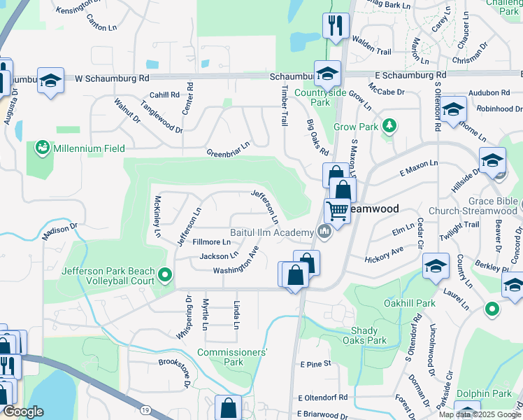 map of restaurants, bars, coffee shops, grocery stores, and more near 14 Buchanan Lane in Streamwood