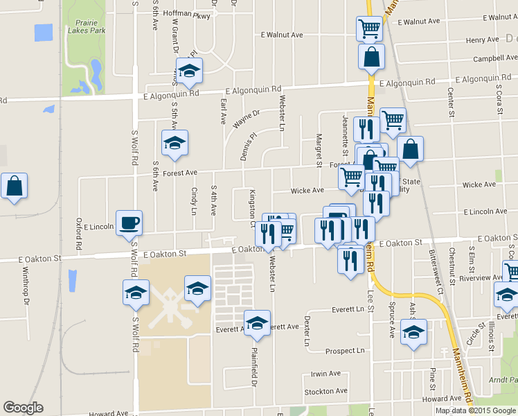 map of restaurants, bars, coffee shops, grocery stores, and more near 1497 Kingston Court in Des Plaines