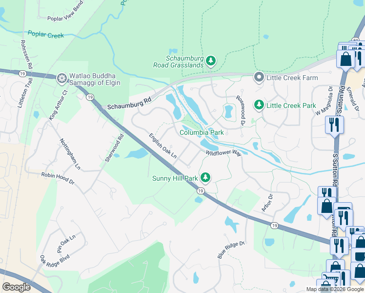 map of restaurants, bars, coffee shops, grocery stores, and more near 106 Cottonwood Drive in Streamwood