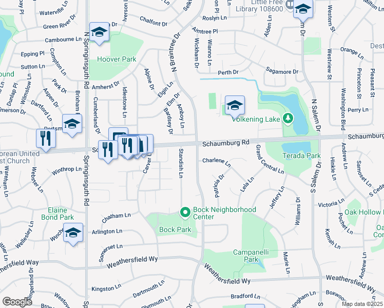 map of restaurants, bars, coffee shops, grocery stores, and more near 12 S Braintree Dr in Schaumburg
