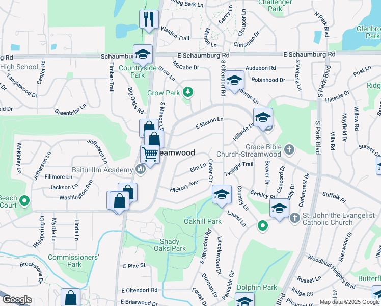 map of restaurants, bars, coffee shops, grocery stores, and more near 209 Cypress Drive in Streamwood