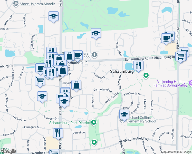 map of restaurants, bars, coffee shops, grocery stores, and more near 301 Pembridge Lane in Schaumburg