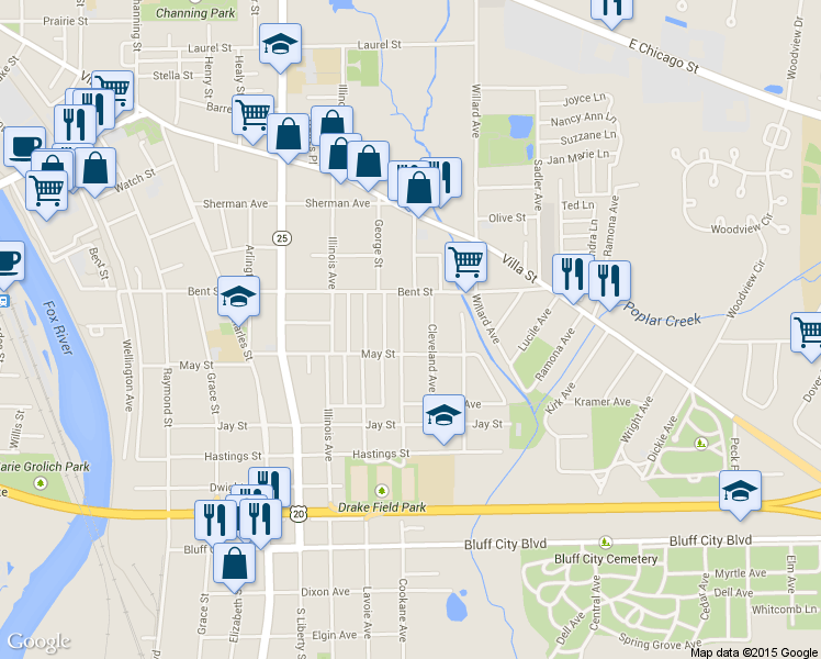 map of restaurants, bars, coffee shops, grocery stores, and more near 535 Cookane Avenue in Elgin