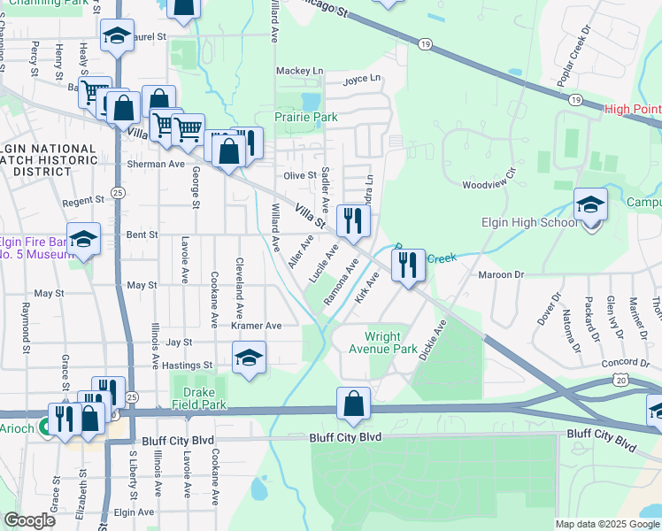 map of restaurants, bars, coffee shops, grocery stores, and more near 572 Ramona Avenue in Elgin