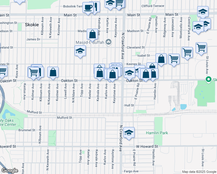 map of restaurants, bars, coffee shops, grocery stores, and more near 7935 Karlov Avenue in Skokie