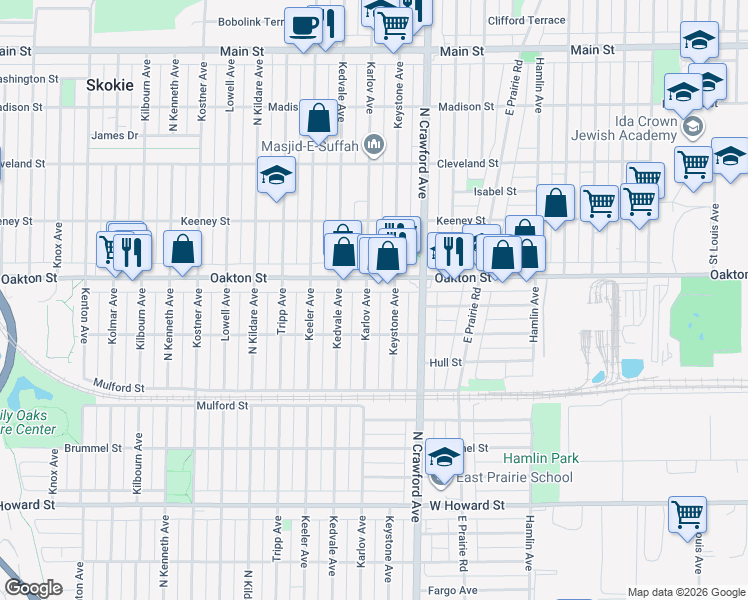 map of restaurants, bars, coffee shops, grocery stores, and more near 7935 Karlov Avenue in Skokie
