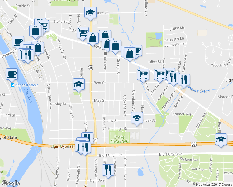 map of restaurants, bars, coffee shops, grocery stores, and more near 533 Lavoie Avenue in Elgin