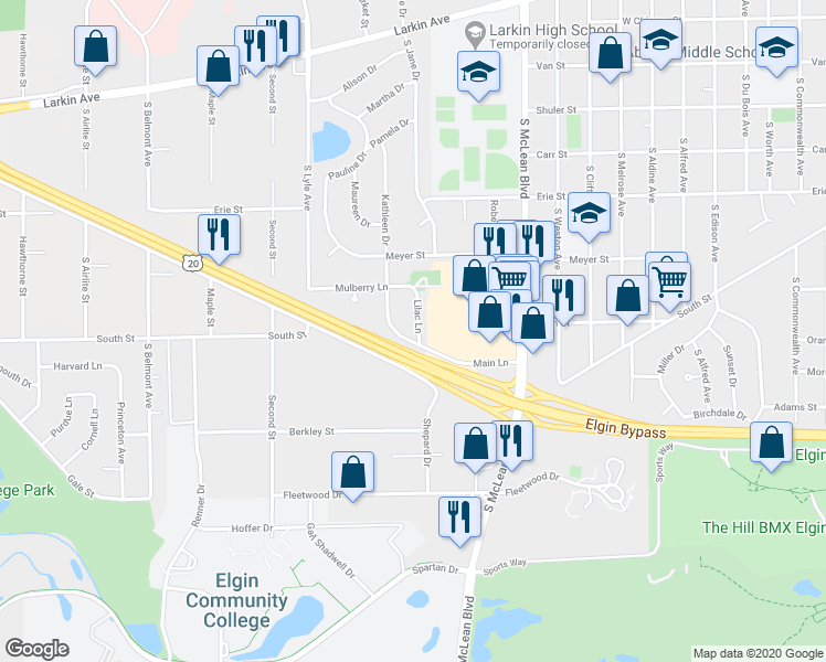 map of restaurants, bars, coffee shops, grocery stores, and more near 336 Lilac Lane in Elgin