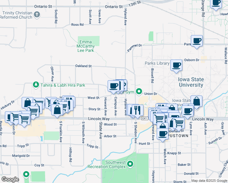 map of restaurants, bars, coffee shops, grocery stores, and more near 2823 West Street in Ames