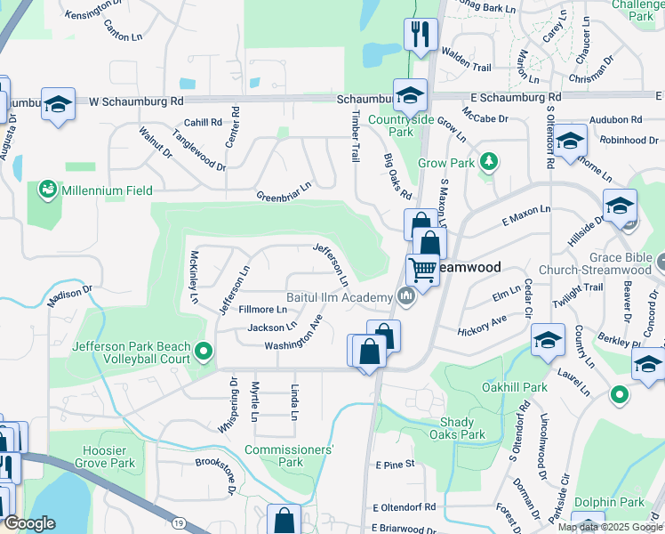 map of restaurants, bars, coffee shops, grocery stores, and more near 14 Buchanan Lane in Streamwood