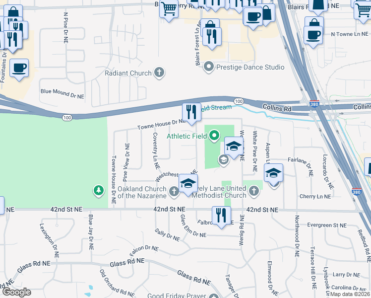 map of restaurants, bars, coffee shops, grocery stores, and more near 4615 Westchester Drive Northeast in Cedar Rapids