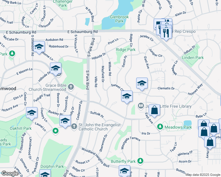 map of restaurants, bars, coffee shops, grocery stores, and more near 723 Sunset Circle in Streamwood