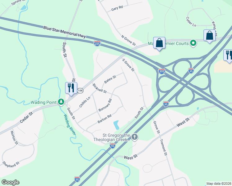 map of restaurants, bars, coffee shops, grocery stores, and more near 49 Borrows Rd in Foxboro