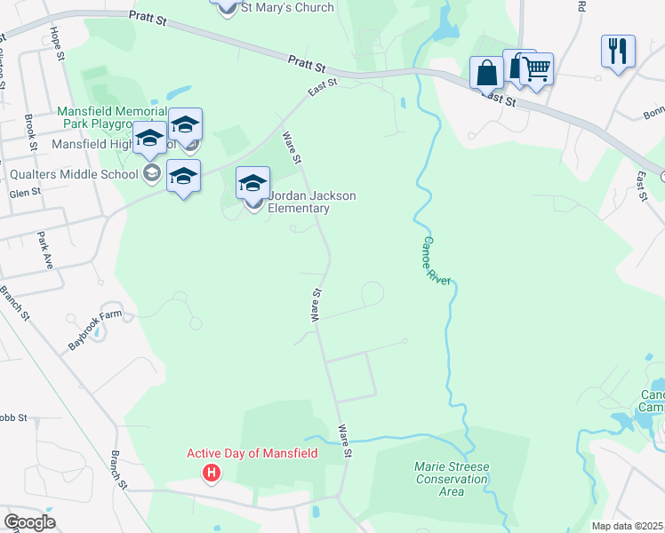 map of restaurants, bars, coffee shops, grocery stores, and more near 148 Ware Street in Mansfield
