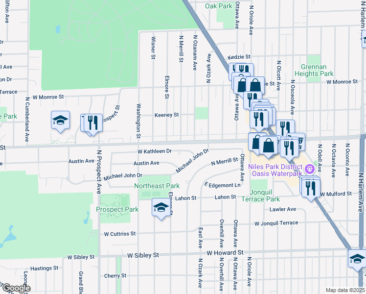 map of restaurants, bars, coffee shops, grocery stores, and more near 182 West Kathleen Drive in Park Ridge