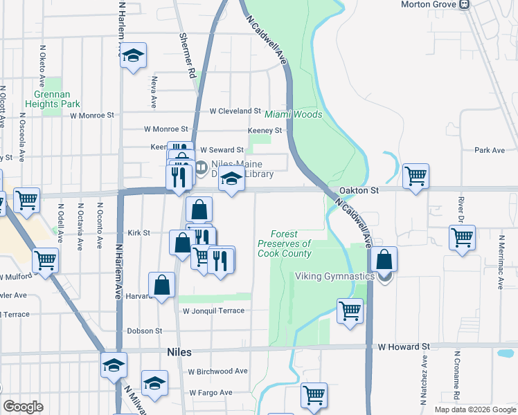 map of restaurants, bars, coffee shops, grocery stores, and more near 7953 North Nordica Avenue in Niles