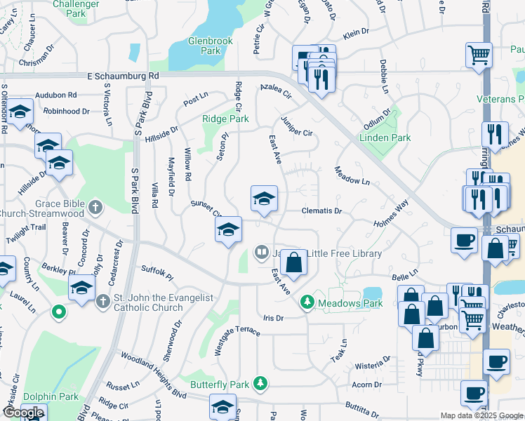 map of restaurants, bars, coffee shops, grocery stores, and more near 16 Sunset Circle in Streamwood