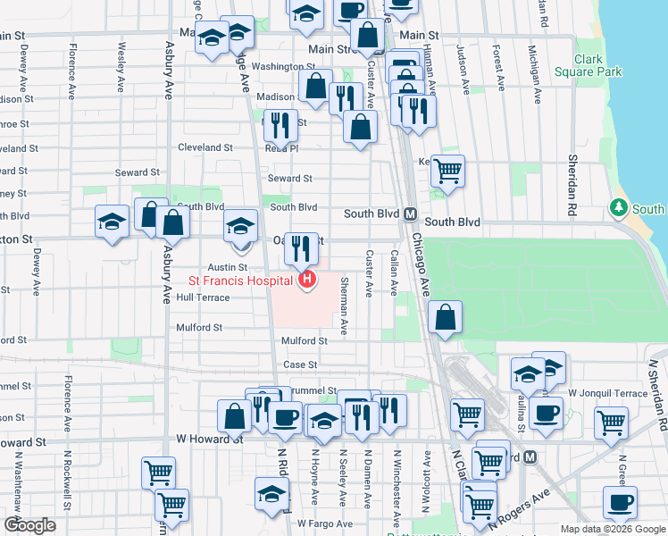 map of restaurants, bars, coffee shops, grocery stores, and more near 419 Sherman Avenue in Evanston