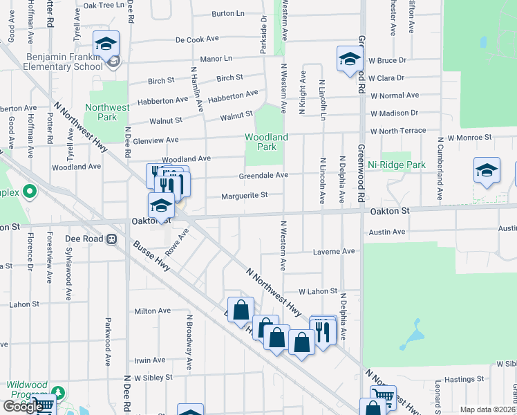 map of restaurants, bars, coffee shops, grocery stores, and more near 1612 Oakton Street in Park Ridge