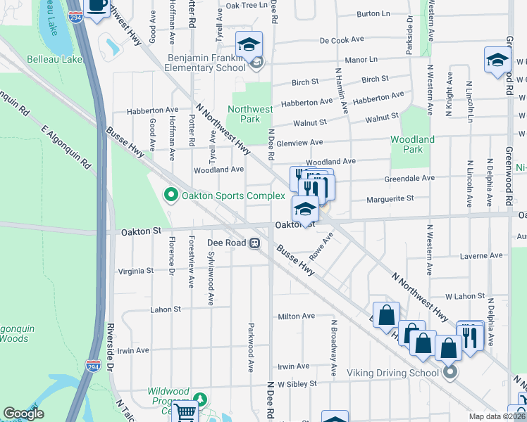 map of restaurants, bars, coffee shops, grocery stores, and more near 1013 North Dee Road in Park Ridge
