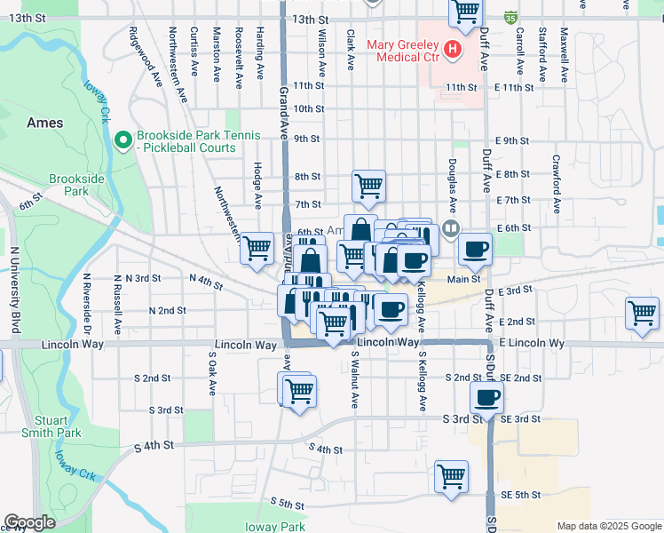 map of restaurants, bars, coffee shops, grocery stores, and more near 515 Clark Avenue in Ames